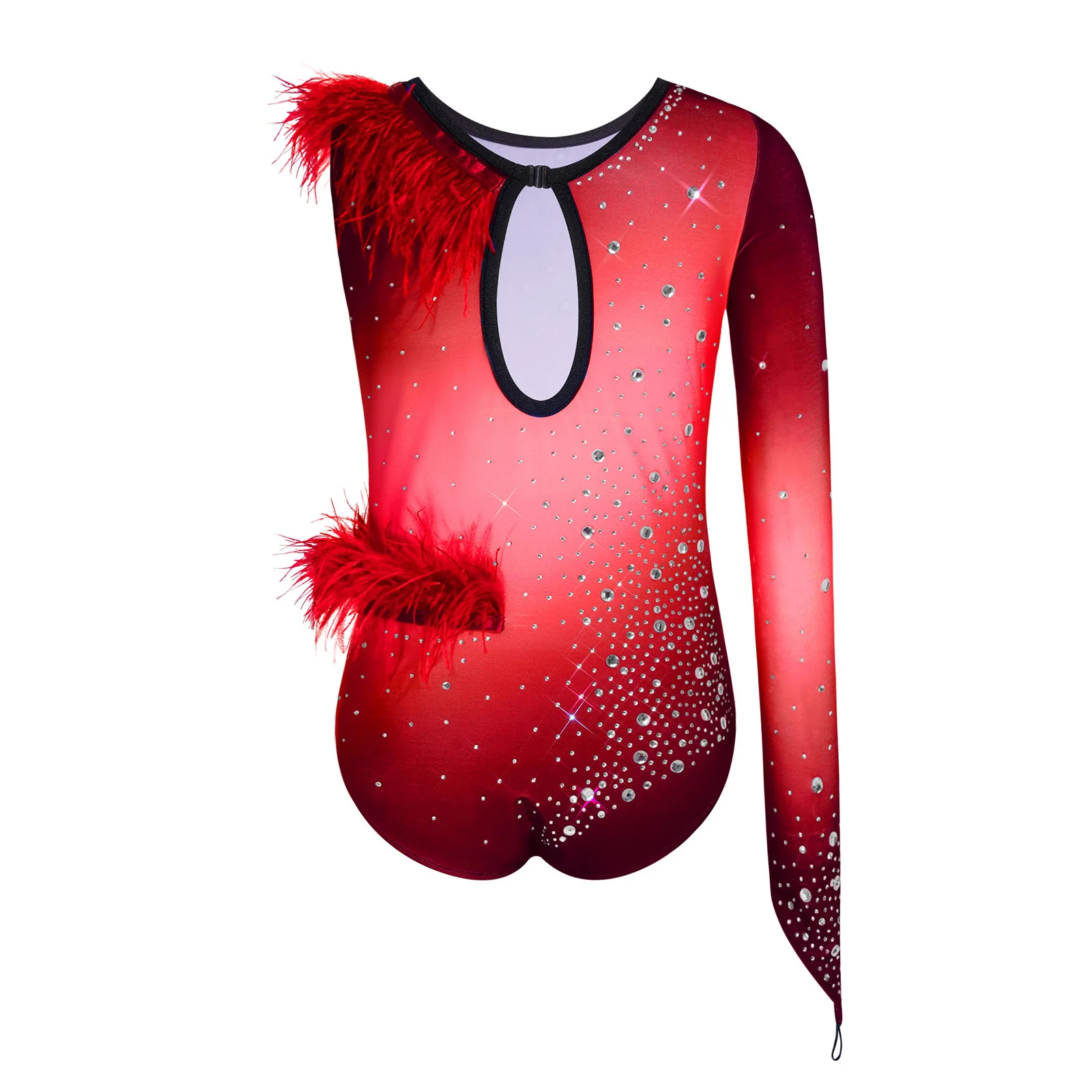Kids Girls Asymmetrical Sleeve Skating Costume Gradient Ballet Dance Leotard Feather Trim Bodysuit Rhythmic Gymnastics Jumpsuit