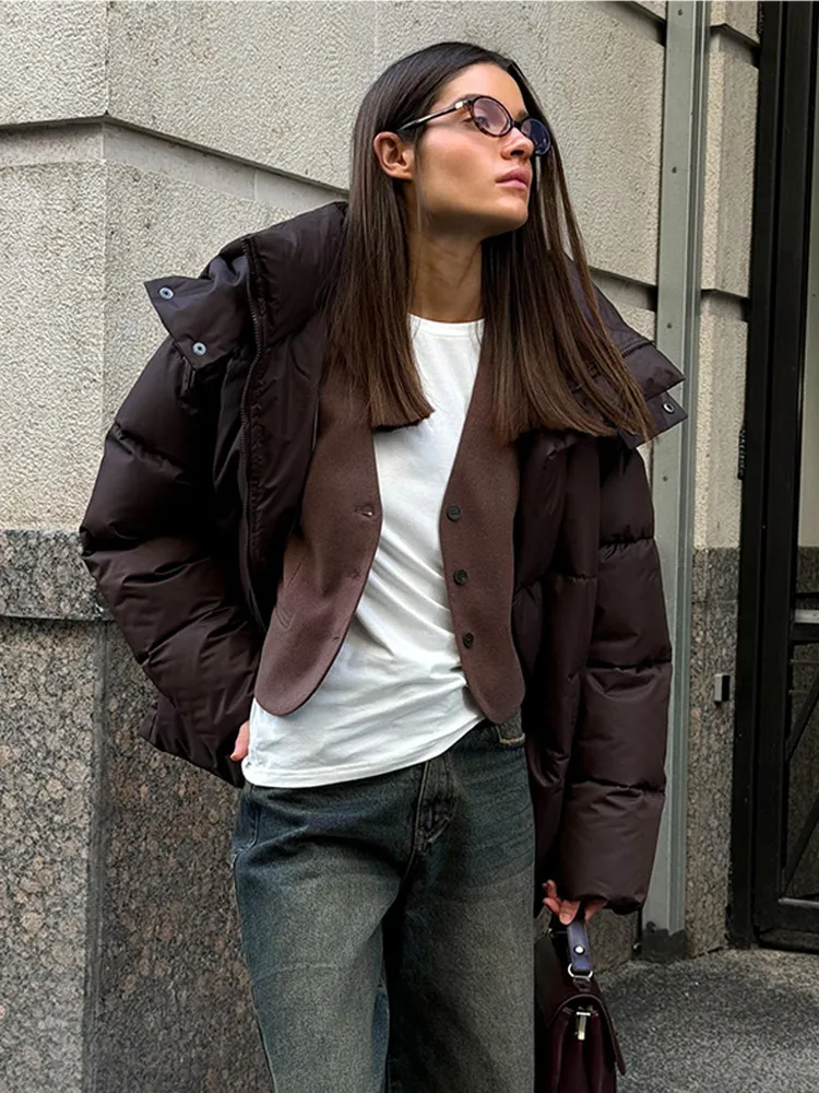 Casual Solid Long Sleeves Hooded Cotton Padded Coat Vintage Brown Women Cotton Jacket 2024 New Winter Warm Highstreet Lady Coats