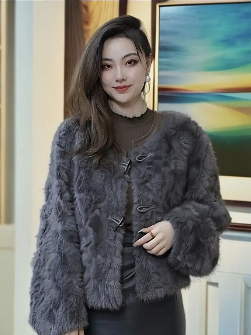 

Ele ort Quilted Fur Coat with Hoof Sves in Faion Small Fraance Sle Casual All-Match Thiened Chinese Pr...