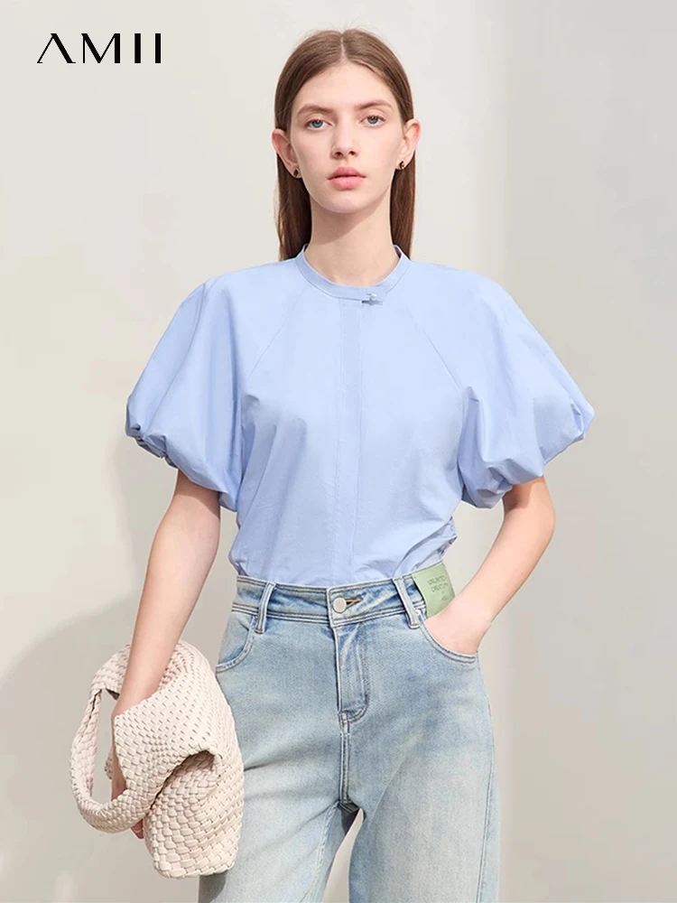 

Amii Minimalism 2024 Women Shirts Summer New Solid Stand Collar Lantern Sleeve Slim Plain Shirt Office Lady Female Tops 12442227