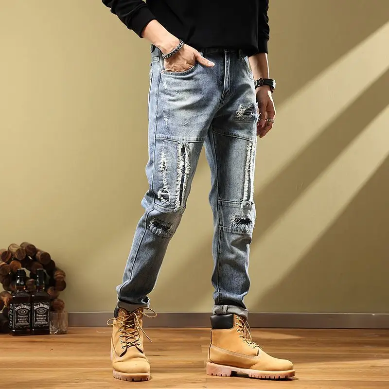 Fashion Embroidery ripped Men's Jeans Handsome Personality Broken Scrap Small Feet Vintage Old style New Autumn Style pants