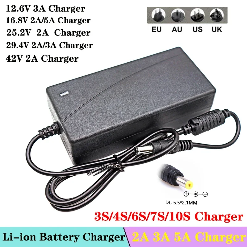 100-240V AC do DC przejściówka do ładowarki zasilacz zasilania 12V 12.6V 16.8V 25.2V 29.4V 42V 2A 3A 5A DC5.5mm x 2.1mm EU US UK AU wtyczka