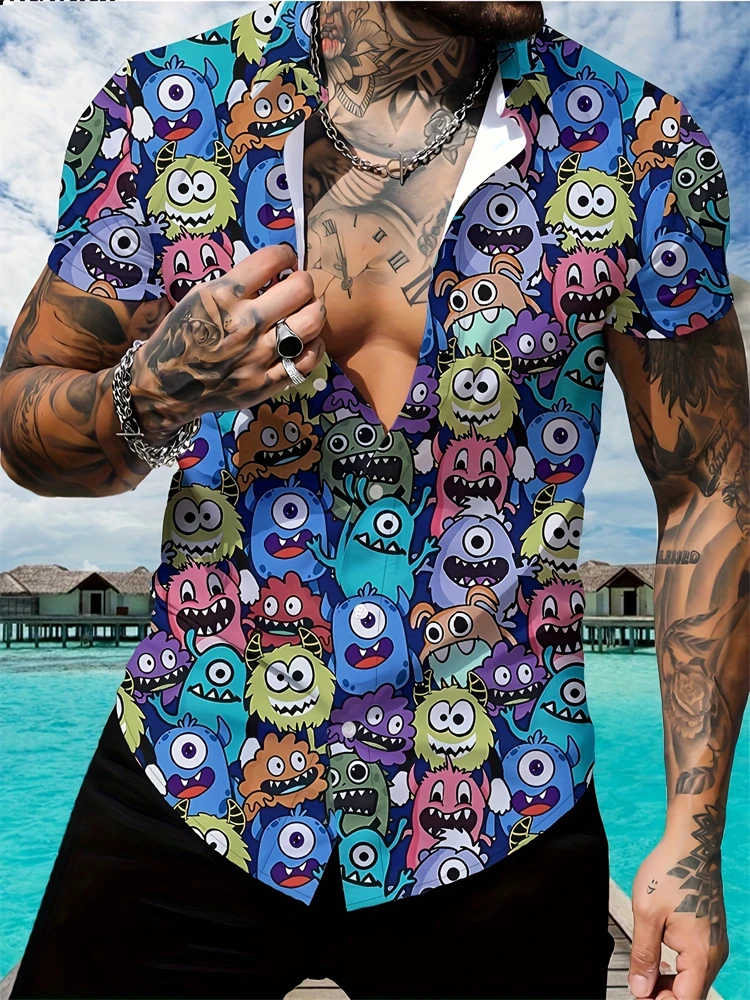 

Новинка 2025, мужская летняя повседневная рубашка с короткими рукавами, забавная рубашка большого размера в стиле хип-хоп с 3D принтом, мужская уличная рубашка на пуговицах, топ