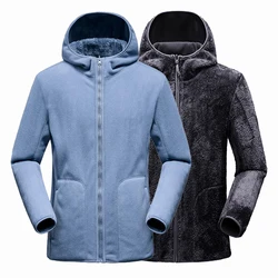 Mens Winter Fleece Double-sided Plush Tactical Hiking Jacket Outdoor Hooded Full Zip Thick Warm Ski Travel Work Fleece Outerwear