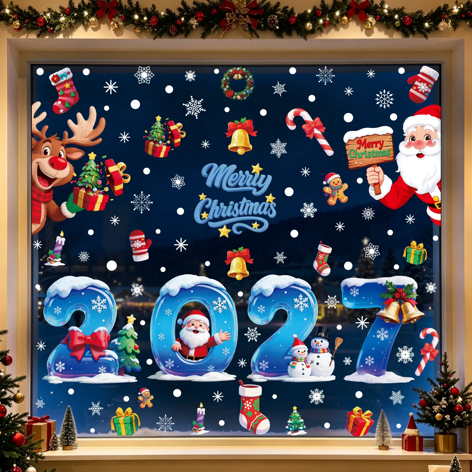 Cartoon Reindeer Christmas Static Glass Stickers, Creative Snowflake Santa Claus Decals, Holiday Decor