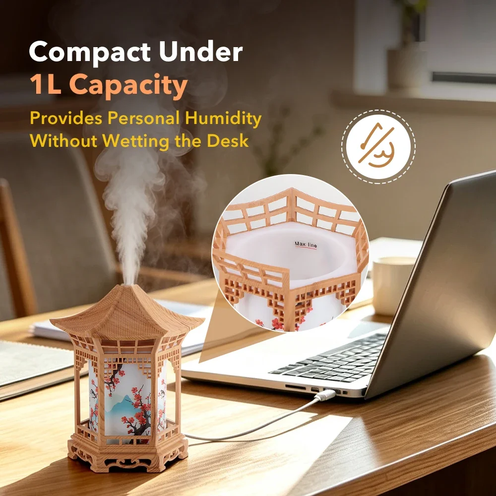 Pavilion Lantern Humidifier with Night Light USB Ultrasonic Cool Mist Wood Grain Design Quiet 36dB Desk Bedroom Car Decor