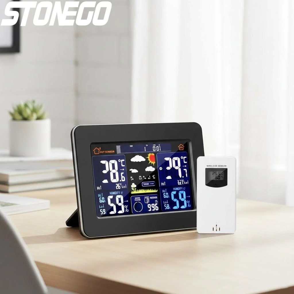 

Беспроводная цифровая метеостанция с цветным дисплеем, часами, наружным датчиком, термометром для помещений и улицы, монитором температуры и влажности