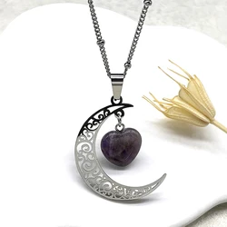 Witchcraft Witch Crescent Moon Stainless Steel Purple Crystal Chain Necklace Women Silver Color Necklace Jewelry collares N6327