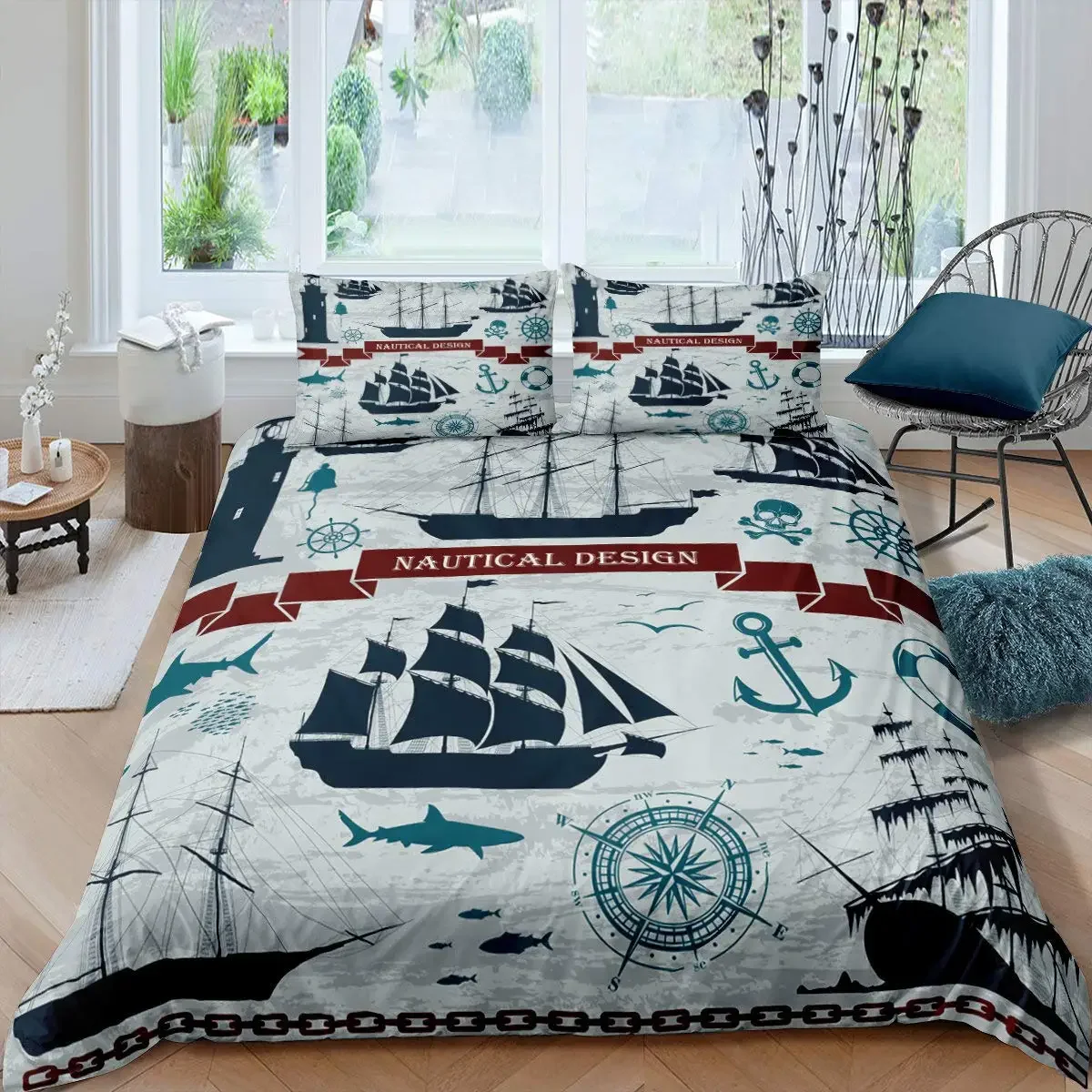 Nautical King Queen Duvet Cover Dragon Retro Blue Sailboat Rudder Bedding Set Sea Sailboat Comforter Cover Polyester Quilt Cover
