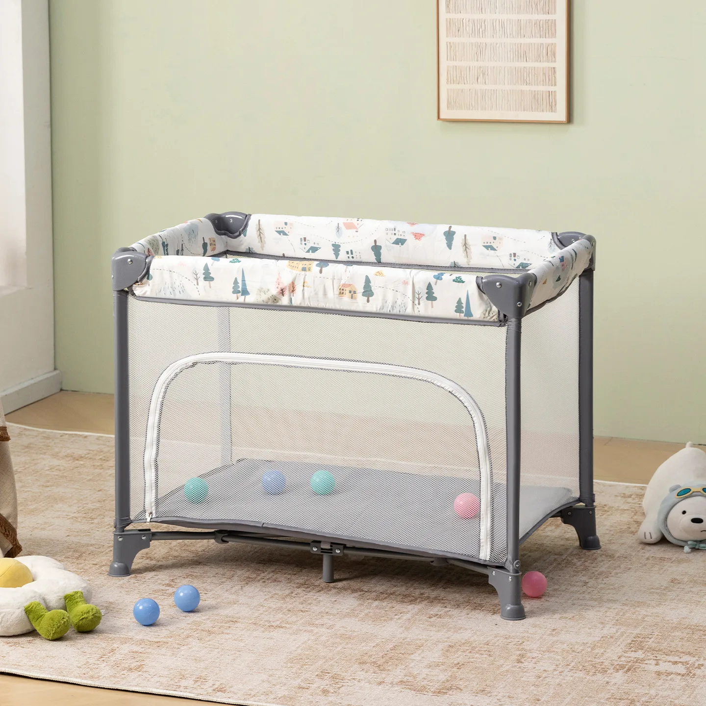 

Baby Playpen for Indoor Living Room Use, Baby Crib, with Fall-Proof Zipper Door, 70 cm High, Includes Mosquito Net and Mattress