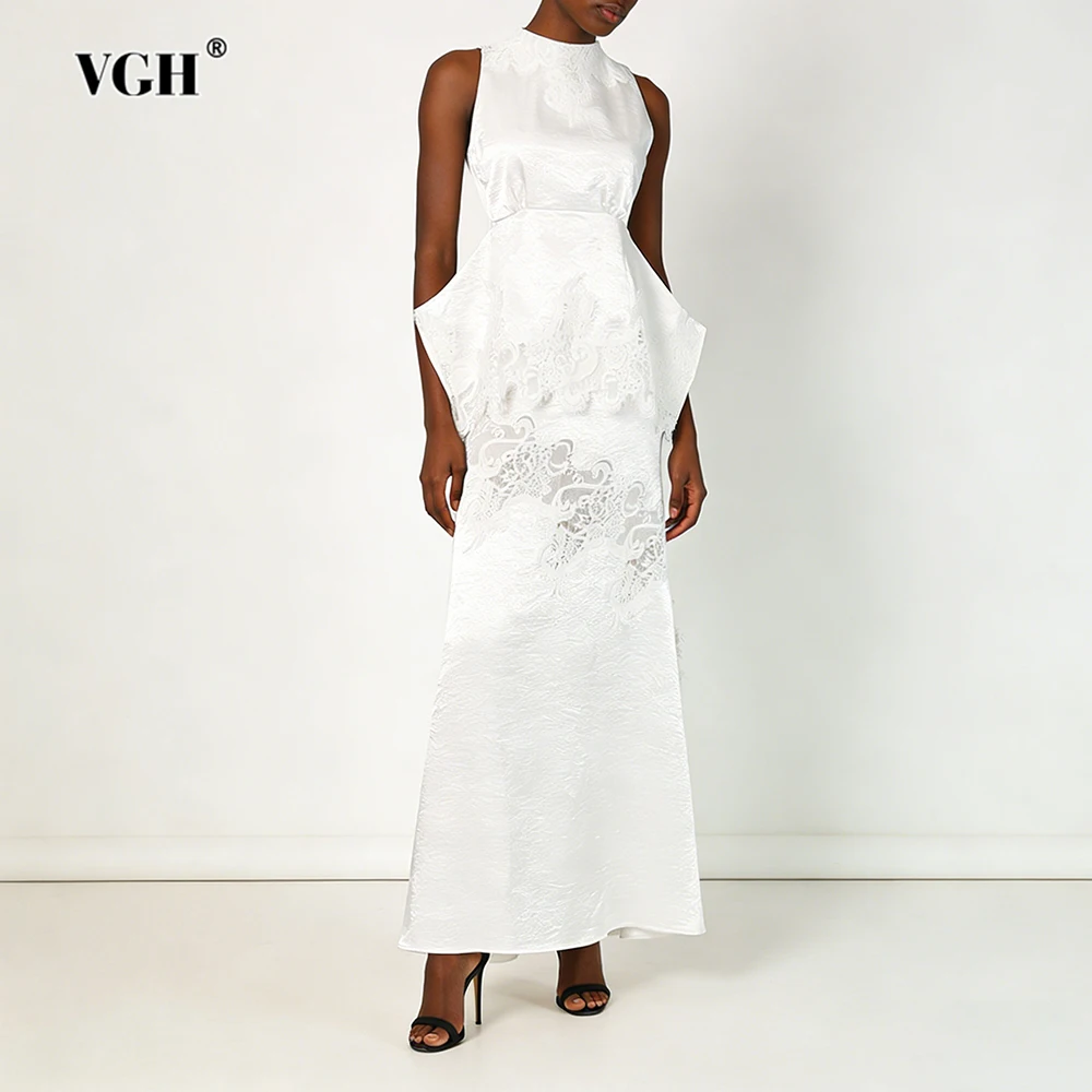 

VGH French Style Lace Two Piece Sets For Women Round Neck Sleeveless Top High Waist Skirt Spring Elegant Set Female Fashion New