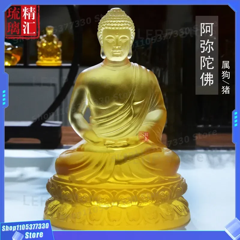 Ancient Glass Buddha Statue Eight Patron Saints Backlit Amitabha Figure Liulichang Dewaxing Craft Religious Home Decor Gift