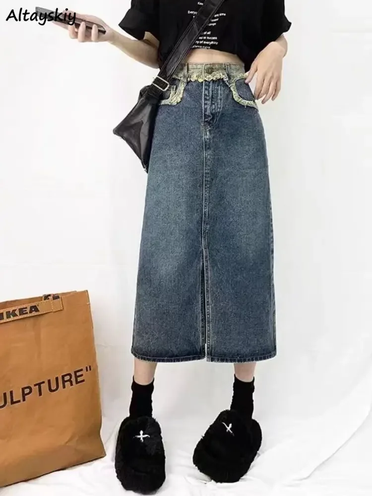 

Denim Skirts Women Slit Vintage Casual Female Ripped Elegant Literary Korean Style Summer New Empire Hotsweet Solid Popular Ins