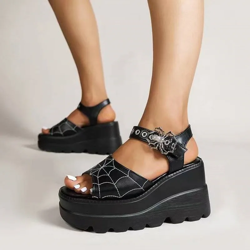 Summer Black Wedge Sandals Women Gothic Buckle Chunky Platform Sandales Women Punk Thick Bottom 9cm Heeled Sandalias Plus Size