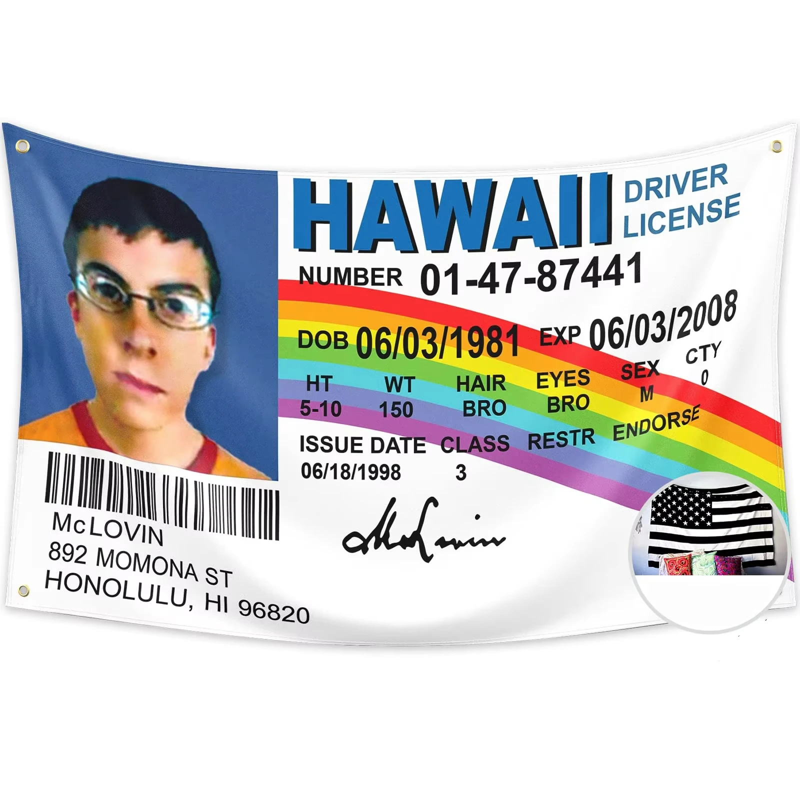 McLovin ID Flag Fake Driver License Flag 3x5 Banner Funny Poster Durable Decorations Wall Flag with 4G for College Dorm Dec.