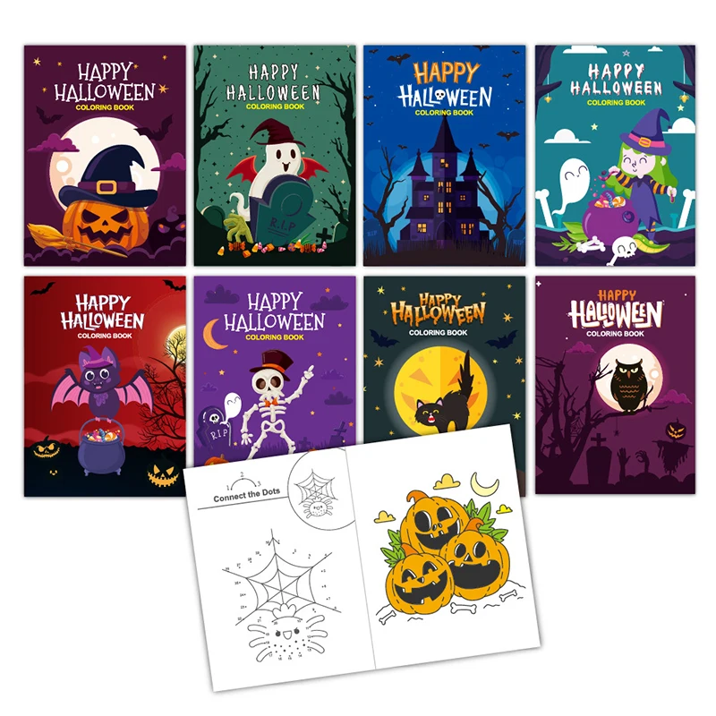 8Pcs Halloween Coloring Book Mini Game Color-in Pages Activity Book Set With Maze Crossword Puzzle Games Theme Party Favors