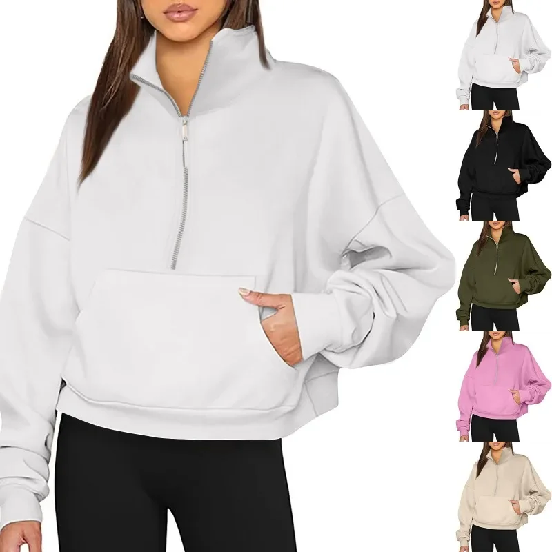 

Women's Autumn Half Zipper Pullover Long Sleeve Sports Fashion Casual Lapel Hoodie Coat