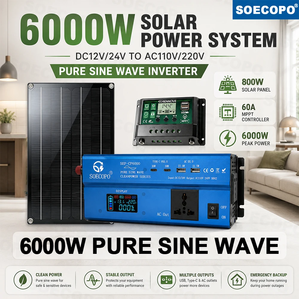 Safe Output Solar Power Kit 6000W Pure Sine Wave Inverter 12V 24V To AC 110V or 220V 800W Panel 60A MPPT Controller Electronics