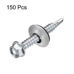 Uxcell 150pcs #12#14 Self Drilling Screws with Rubber Washer Zinc Plated Hex Head Self Tapping Screws with EPDM Washer for Metal