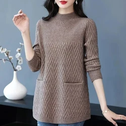 Suéteres largos de punto para mujer, jersey de cuello medio alto, grueso y cálido, Tops femeninos, camisa de fondo, invierno, nuevo, 2023