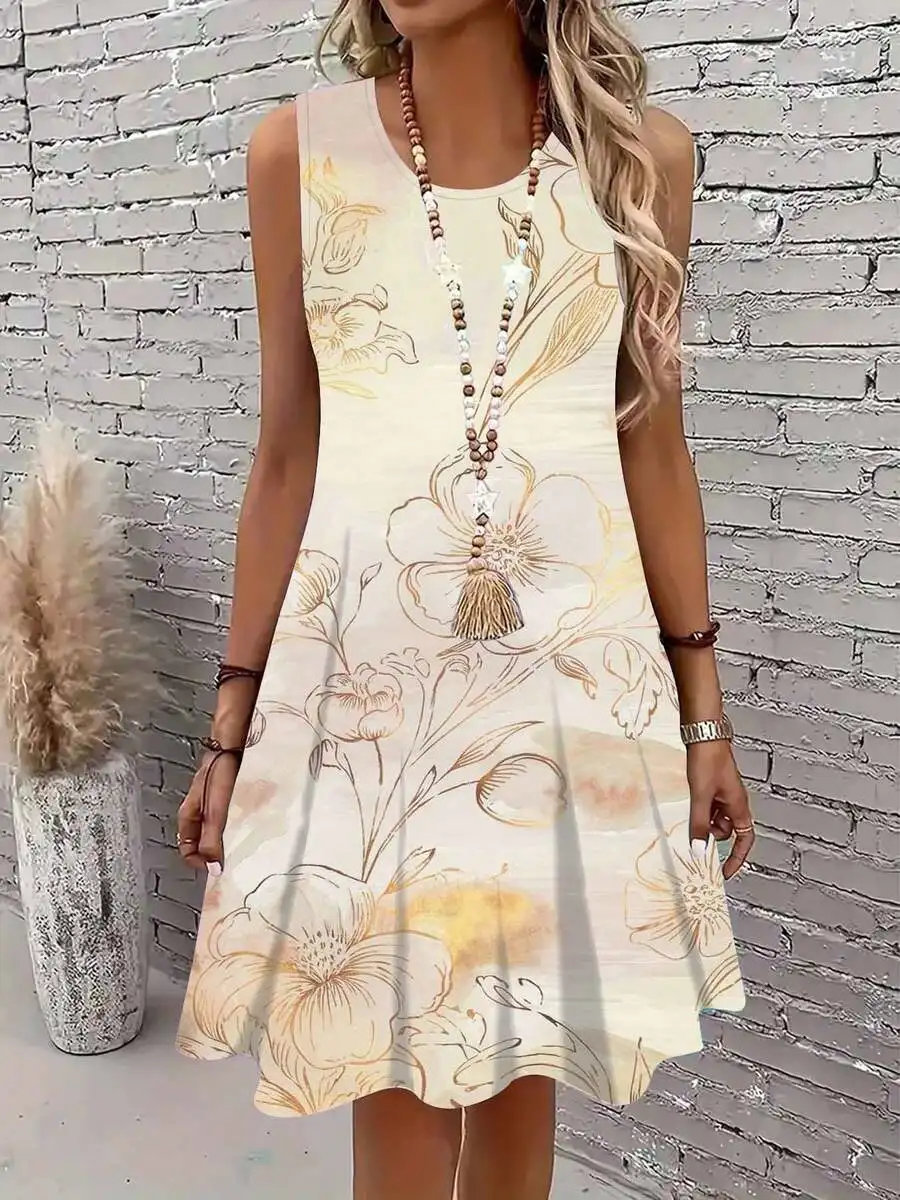 

Floral Print Sleeveless A-Line Dress With Tassel Necklace For Casual Outdoor Wear