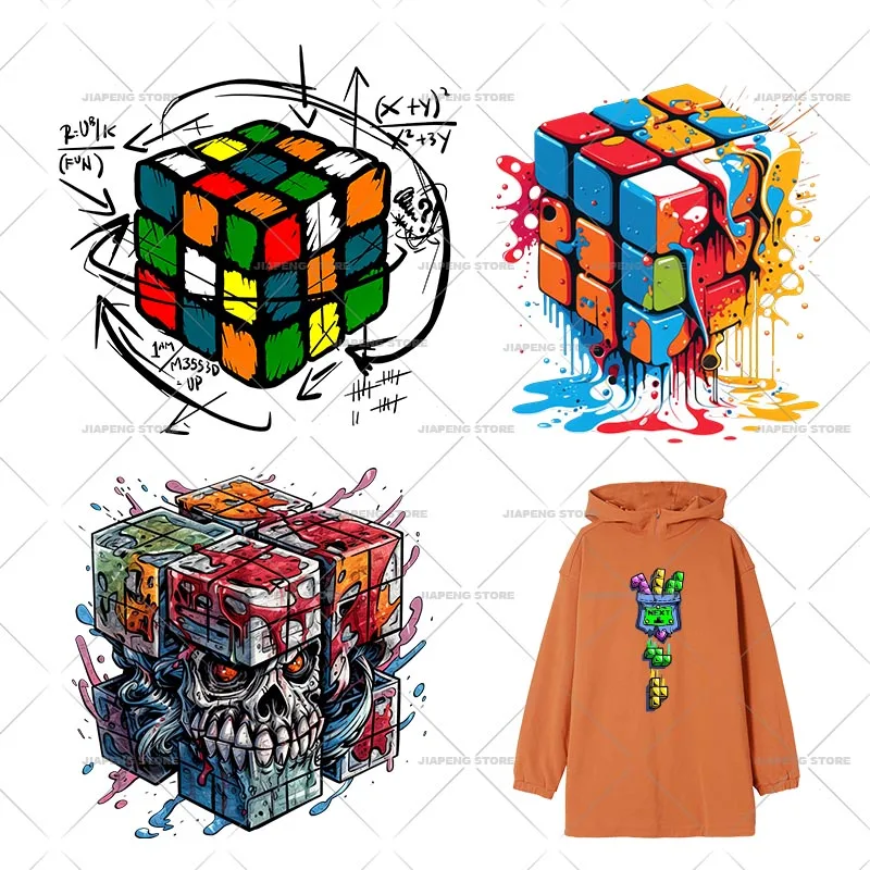 Fashion Colorful Rubik's Cube Print Stickers Iron on Heat Transfers For Clothes Cartoon Cool Thermal on T-shirt Appliques Decor