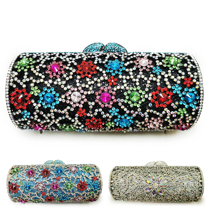 Multi-Colored Gemstone Blue Party Purse Cylindrical Shape Diamond Women Clutches Bags Hollow Out Lady Phone Money Handbags