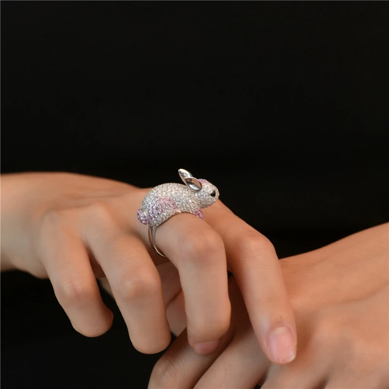 

CAMEO 925 Silver White Plated Gold Cute Rabbit Ring Pink White Cubic Zirconia Animal Design Jewelry Daily Wear Fashion Gift