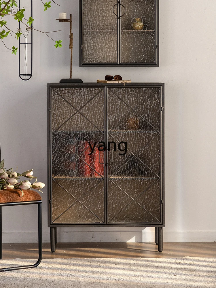 Yjq Sideboard Cabinet Solid Wood Iron Water Ripple Glass Door Living Room Wall Simple Home Home Entrance Cabinet