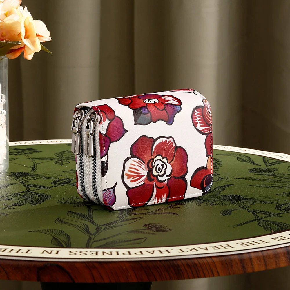 

2 Zipper Multi Slot Card Holder Small Wallet Women Men Business Bank Credit Card Bag Coin Pouch Floral Leather Zipper Wallet