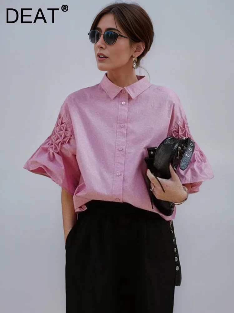 DEAT Fashion Women's Shirt Lapel Profile Umbrella Shape Sleeves Single Breasted Loose Solid Color Blouse Summer 2024 New 7AB3956