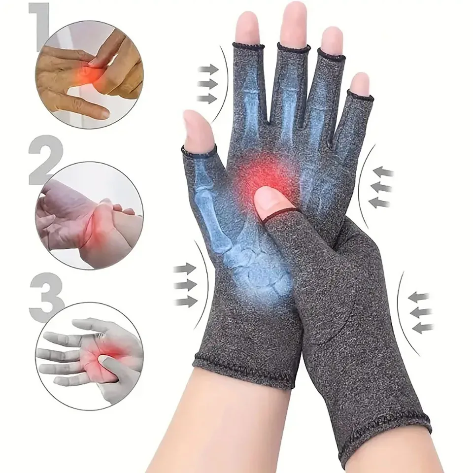 GOBYGO 1Pair Sisal Gray Half Finger Gloves Breathable Compression Gloves Extended Wrist Fitness Inflammatory Joint Health Gloves