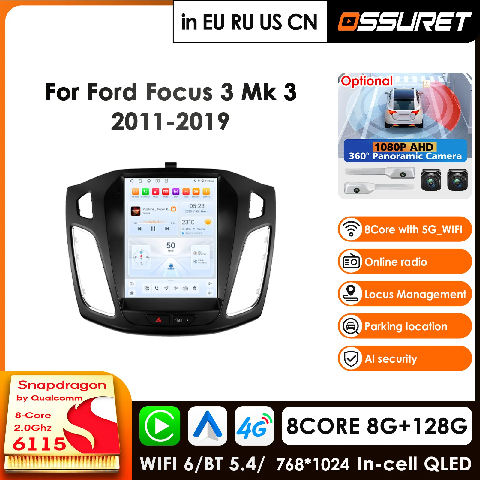 Qualcomm 360 °   Rádio Automotivo com Câmera, Wireless CarPlay e Android Auto para Ford Focus MK3 MK 3 2012-2017, GPS, Multimídia e Unidade Central Estéreo.