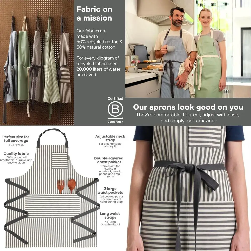 

Recycled Unisex Chef Apron | Adjustable Cotton Bib with Pockets | Striped Charcoal, One Size