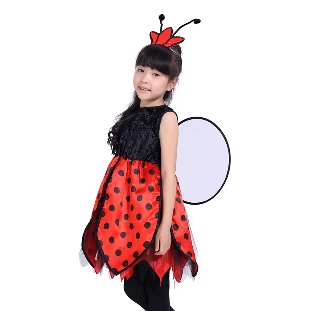 2Pcs Girls Ladybug Wings Costume Set Dress Antenna Headband Lightweight Halloween Christmas Birthday School Event
