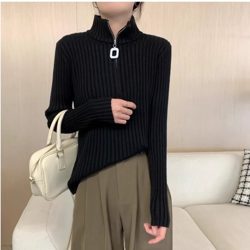 

Ele Thiened вязаный свитер с высоким воротником и молнией для женщин, осенне-весенний сезон, кофейный цвет, базовое пальто