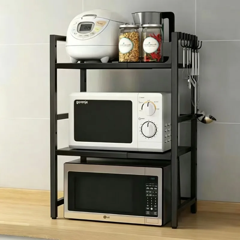Étagère de rangement réglable et extensible à 2 niveaux pour micro-ondes, support de comptoir de cuisine en métal avec 6 crochets latéraux, support de rangement multifonctionnel réglable en hauteur pour cuiseur à riz et friteuse à air