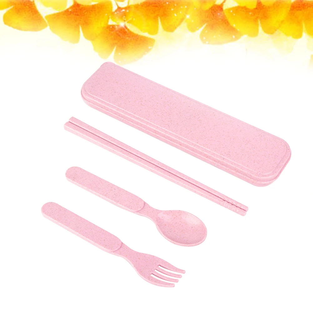 

1Set Portable Kids Wheat Straw Spoon Fork Chopsticks Utensil Set Travel Camping Tableware Ecofriendly Dishware Pink