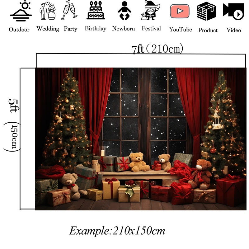 Mocsicka Christmas Indoor Window Backdrop For Photography Props Xmas Tree Toy Bear Gift Girls Decoration Background Photo Studio