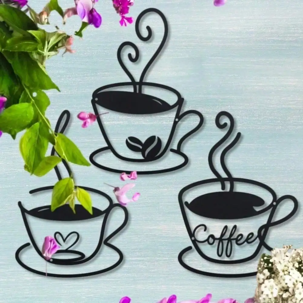 PiecesHeart Logo Kaffeetassen mit Metallwandkunst-Set im Vapor-Stil – Minimalistische Metallwandkunst.