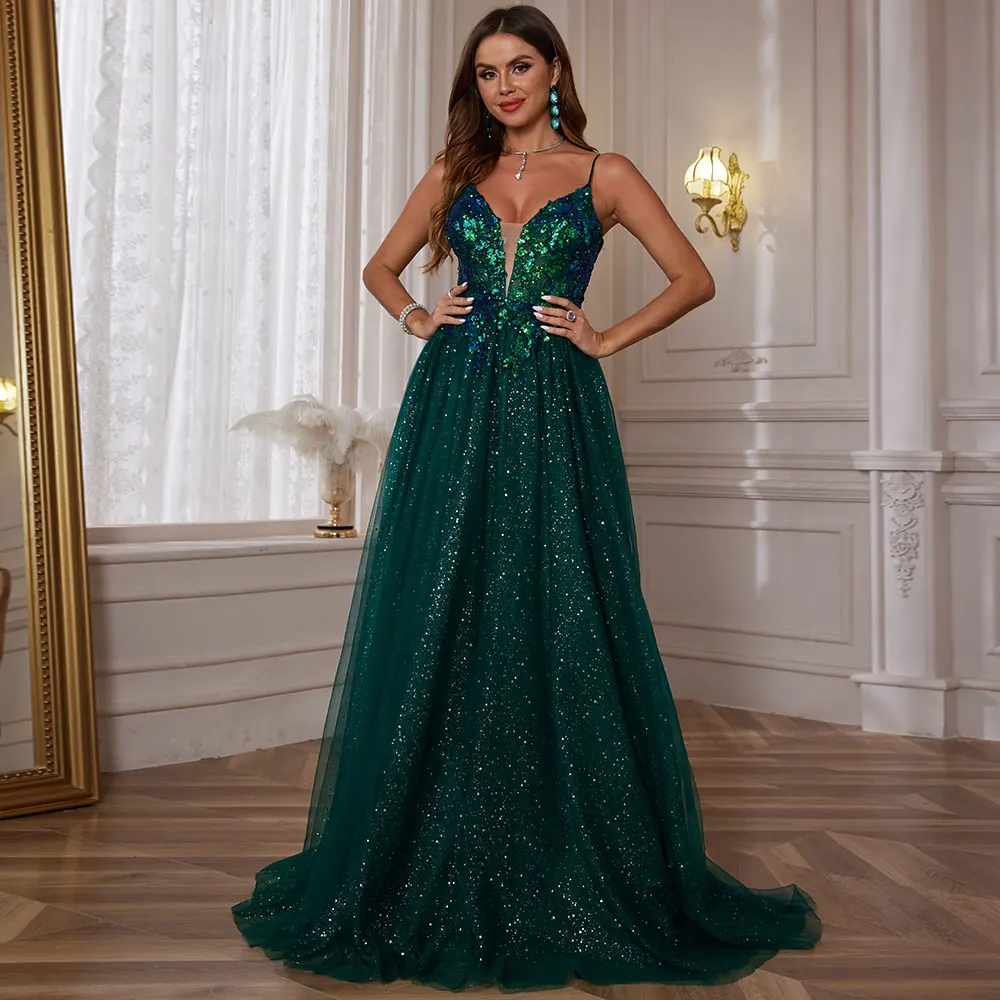 Luxury Beaded Evening Gowns For Women Formal Tulle V Neck Sparkly Prom Dresses 2024 Appliques Spaghetti Straps Ball Gown