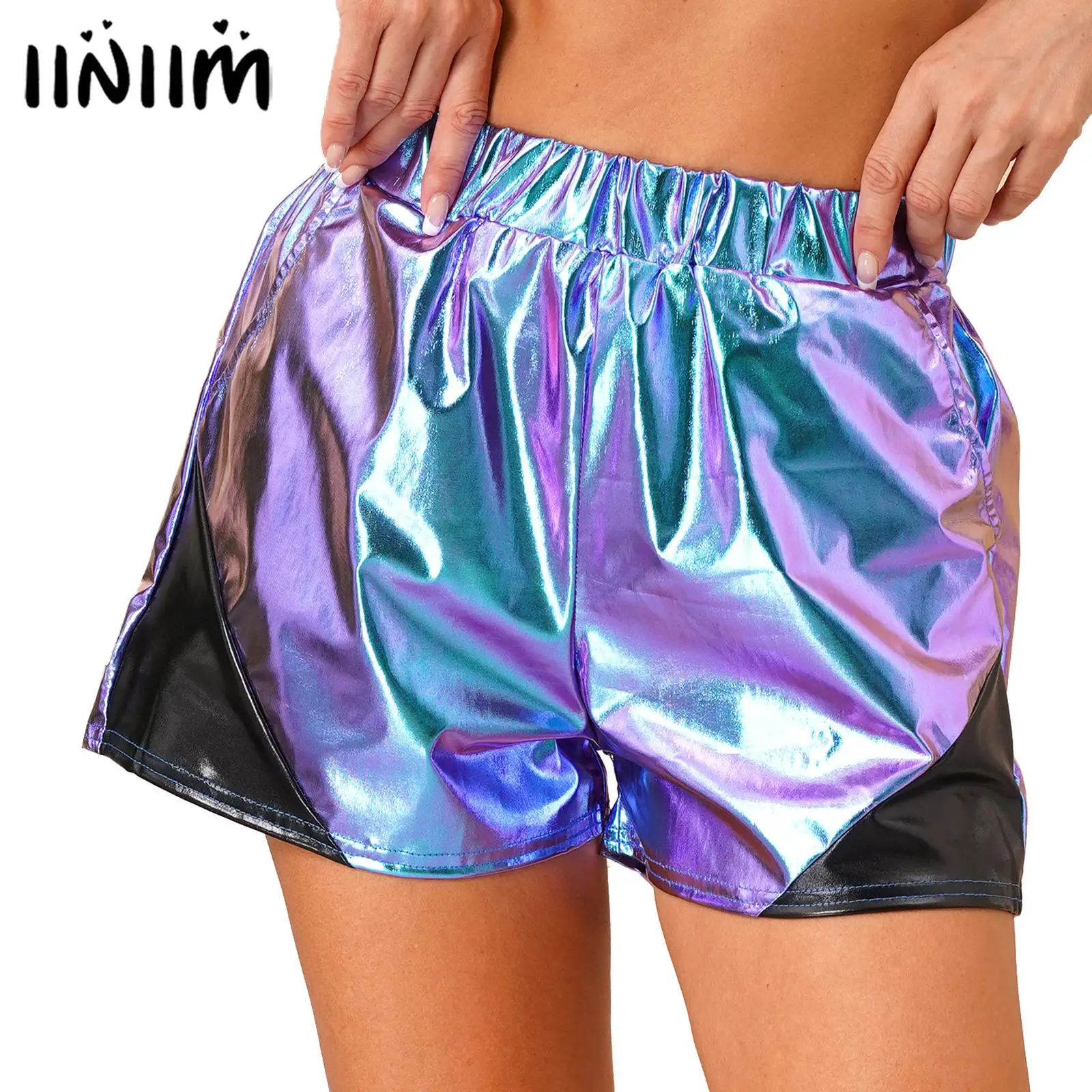 

Womens Jazz Disco Dancewear Metallic Shiny Elastic Waist Side Pockets Loose Shorts Sparkly Hot Pants Clubwear Rave Party Outfit