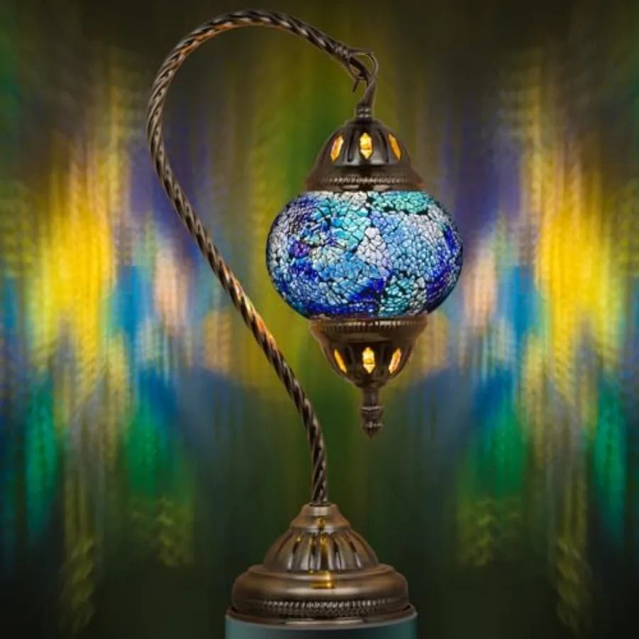 

Vintage Morrocan Lamp with Tiffany Style, Handmade Turkish Table Lamp with Swan Neck Bronze Base Including LED Bulb for Living