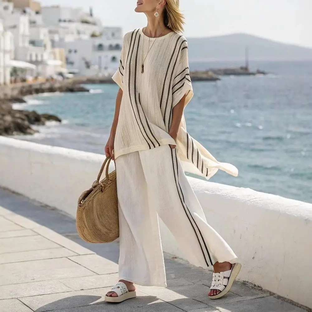 2025 Women Two-piece Set Versatile Polyester Outfit Striped 2 Piece Outfit Set with Crew Neck Top Wide for Women for Summer