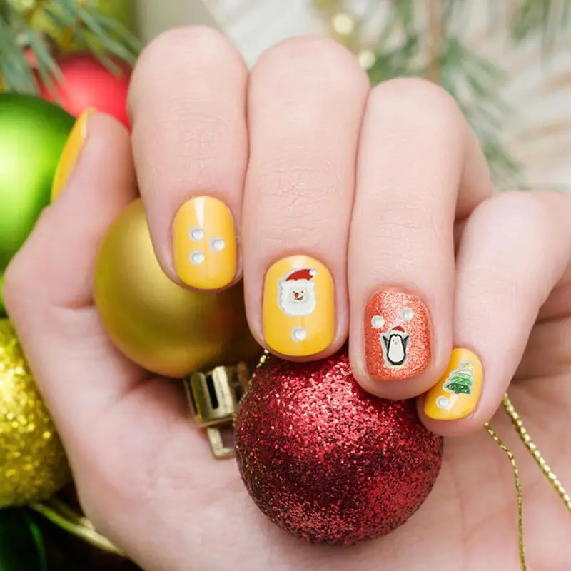 Pegatinas de uñas de vacaciones de invierno, calcomanías en relieve, diseño autoadhesivo DIY gratis con tarjeta de felicitación de patrón navideño