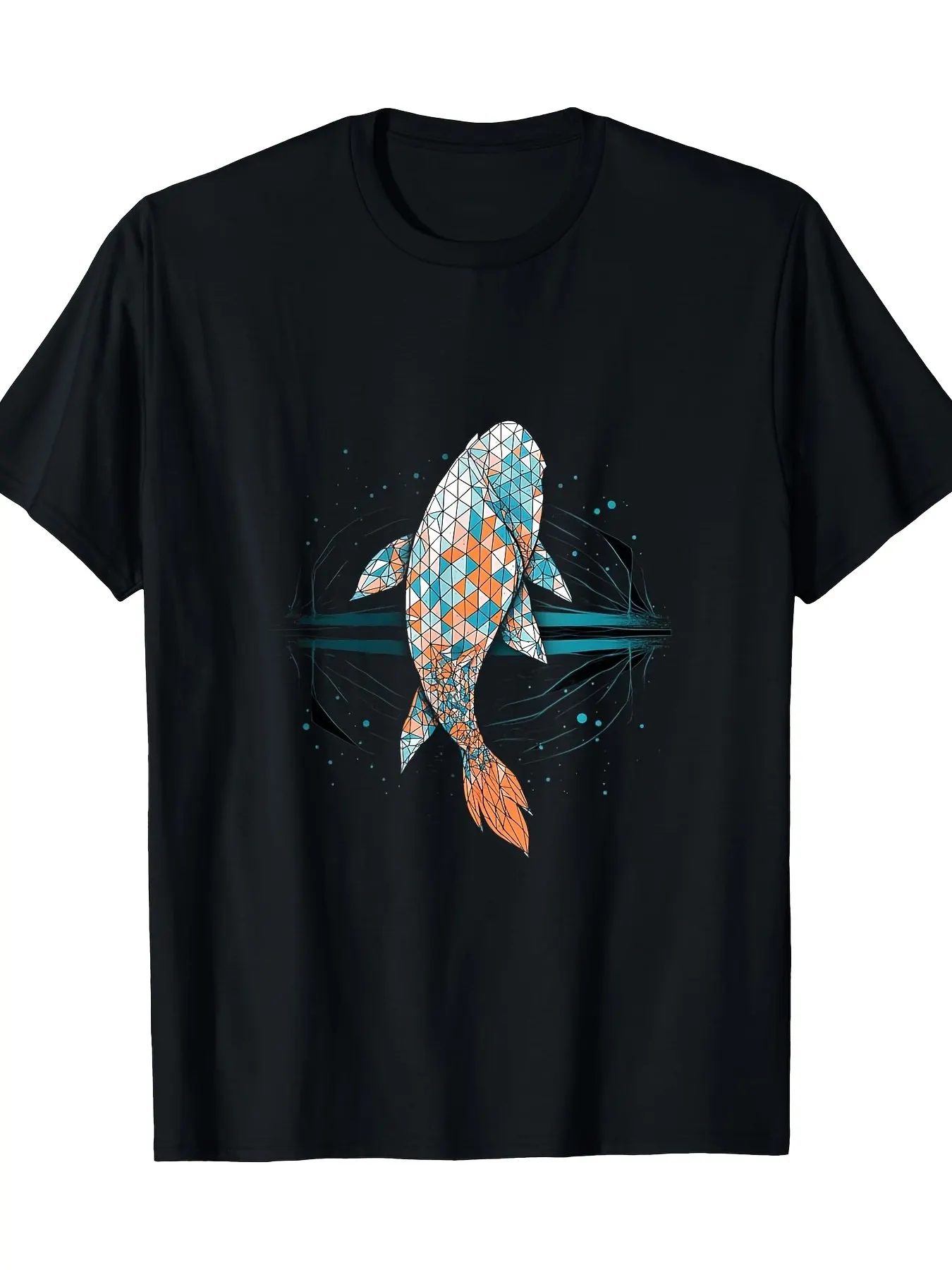 Camiseta de arte japonés con pez Koi geométrico para mujer, 100% algodón, diseño abstracto negro con detalles azules y naranjas, pantalón corto informal de manga