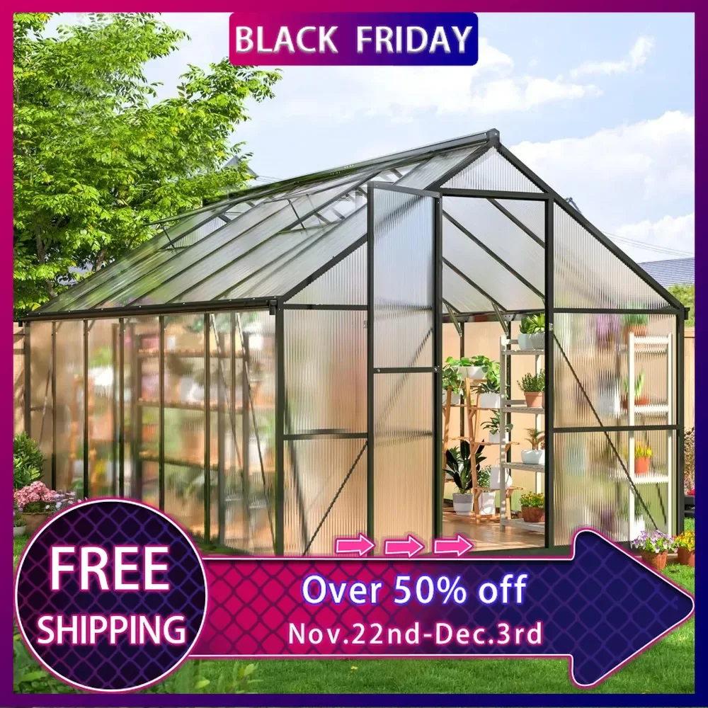 

8x12 FT Greenhouse for Outdoors, Quick Setup Polycarbonate Greenhouse with Roof Vent, Aluminum Large Walk-in Greenhouse, Black