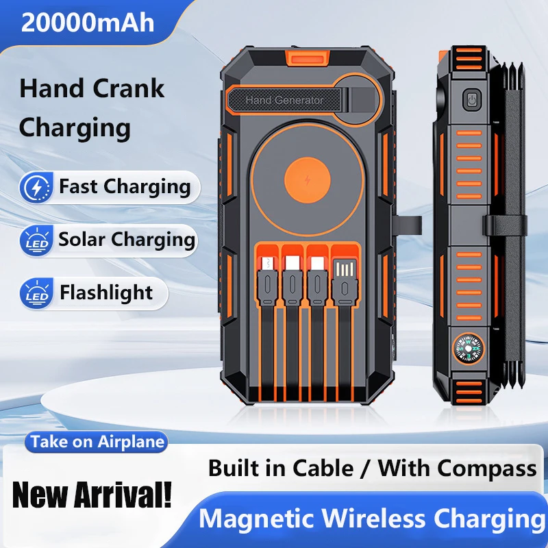 Hand Crank Solar Power Bank 20000mAh Magnetic Wireless Charging for iPhone Samsung Airpods Apple Watch Charger with Cable Light
