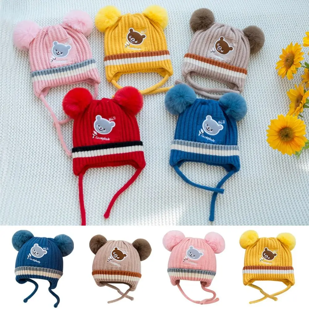 1-3Year Windproof Solid Color Baby Knitted Hat Plush Ball Cute Children Warm Cap Cartoon Soft Beanie Hats Newborn Toddler