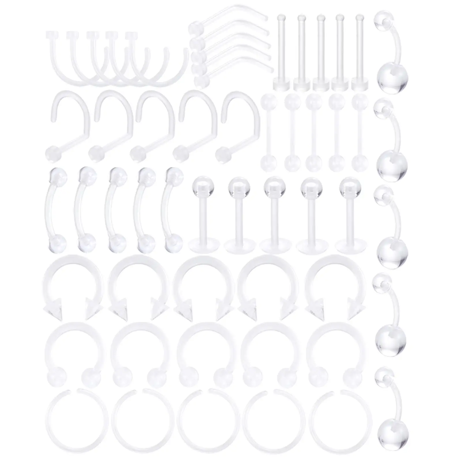 55Pcs Clear Piercing Retainers Flexible Bioflex 14G 16G 20G Navel Ring Lip Eyebrow Tongue Barbells Cartilage Tragus Earrings